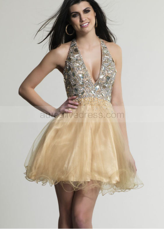 Champagne Tulle Beaded Halter Backless Knee Length Prom Dress